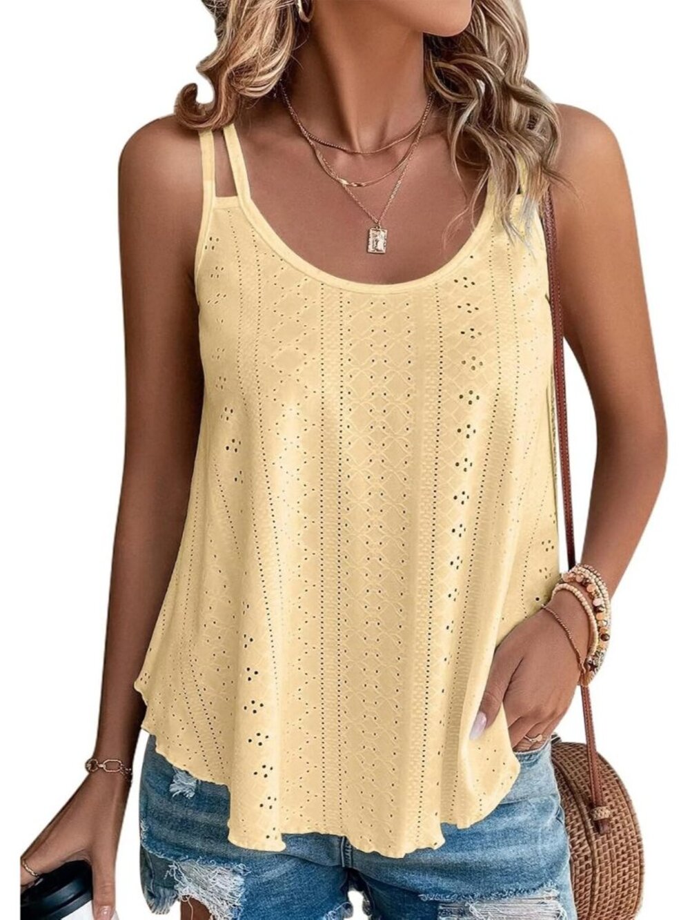 Women's Yellow Eyelet Spaghetti Strap Loose Flowy Scoop Neck Cami Tank Top